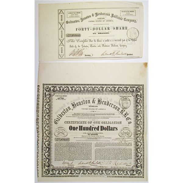 Galveston, Houston & Henderson Railroad Co., 1857 I/U Bond & Fractional Stock Certificate Pair