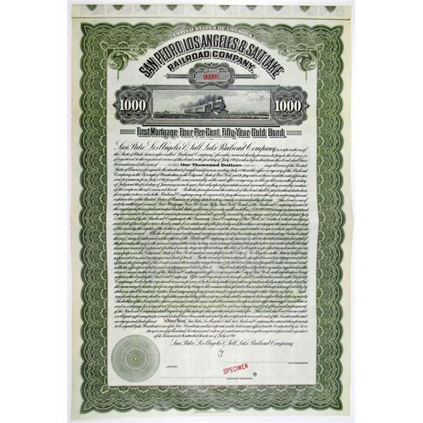 San Pedro, Los Angeles & Salt Lake Railroad Co. 1911 Specimen Bond