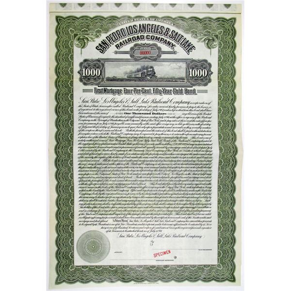 San Pedro, Los Angeles & Salt Lake Railroad Co. 1911 Specimen Bond