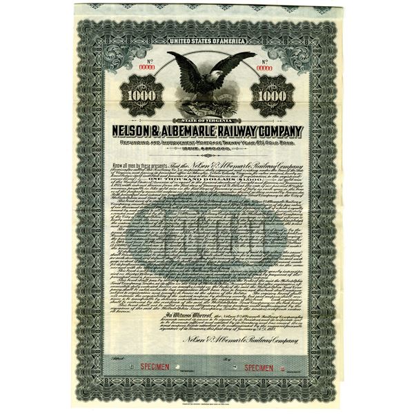 Nelson & Albemarle Railway Co. 1918 Specimen Bond