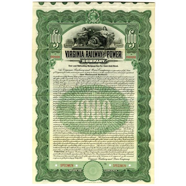 Virginia Railway and Power Co. 1909 Specimen Bond Rarity