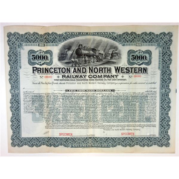 Princeton and North Western Railway Co., 1901 Specimen Bond