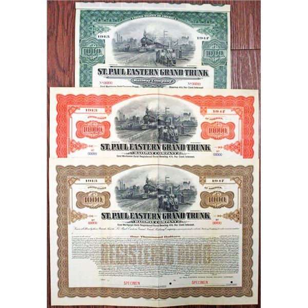 St. Paul Eastern Grand Trunk Railway Co., 1913 Specimen Registered and Coupon Bond Trio