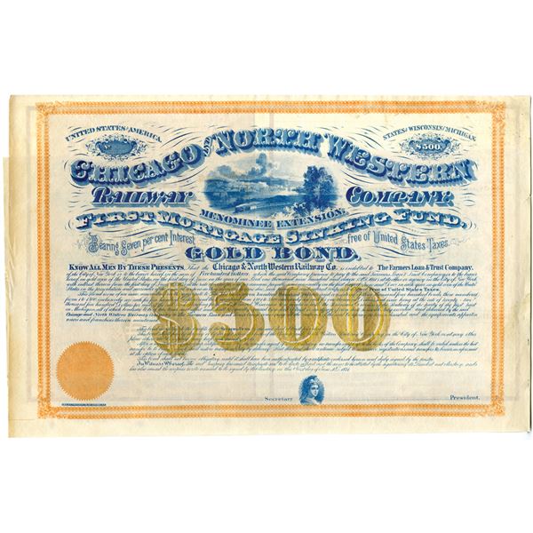 Chicago and North Western Railway Co., Menominee Extension, 1871 Unlisted Railroad $500 Specimen Bon