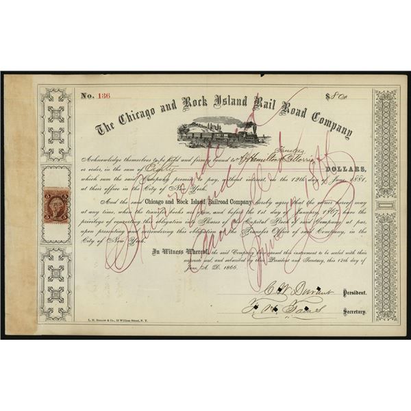 Chicago and Rock Island Rail Road Co., 1866 /C Bond Signed by C.W. Durant as President