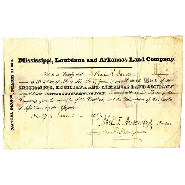 Mississippi, Louisiana and Arkansas Land Co. 1837 Issued Stock Certificate