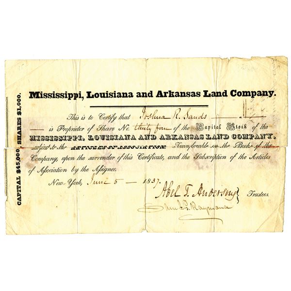 Mississippi, Louisiana and Arkansas Land Co. 1837 Issued Stock Certificate