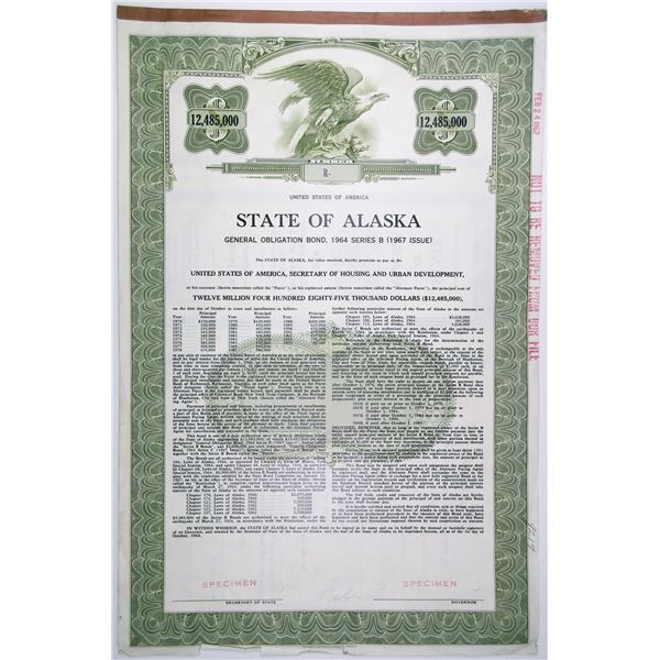 State of Alaska, 1964 Specimen Bond Issued for Funding Rebuilding from the March 1964 Earthquake