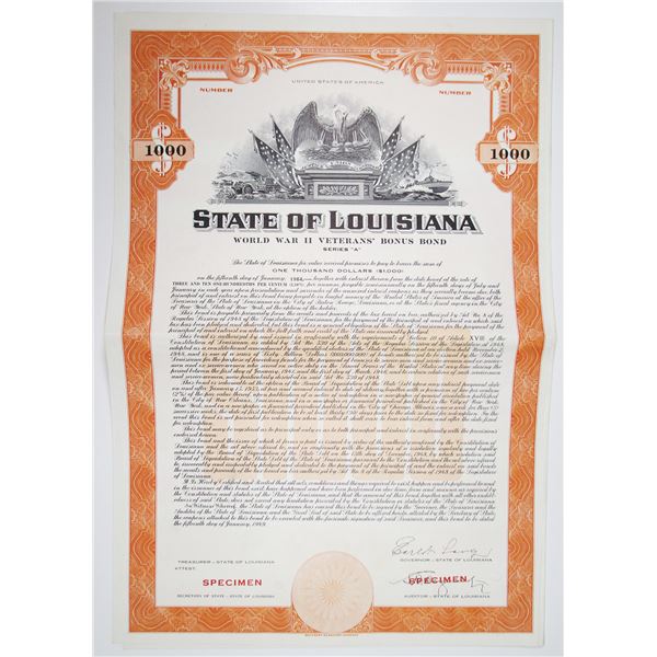 State of Louisiana, World War II Veteran's Bonus Bond, 1949 Specimen Bond.