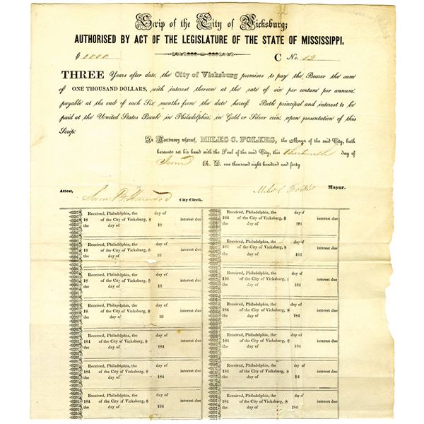 City of Vicksburg, 1840 Issued Scrip Certificate