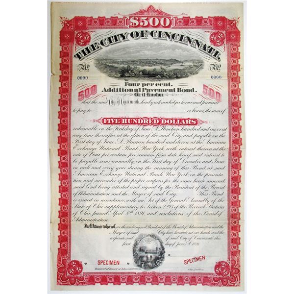 City of Cincinnati, 1891 Specimen Bond