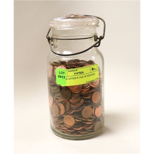 LARGE ANTIQUE JAR OF PENNIES