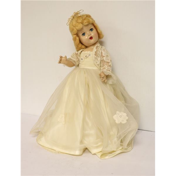 ANTIQUE BRIDAL DOLL WITH DRESS AND STAND