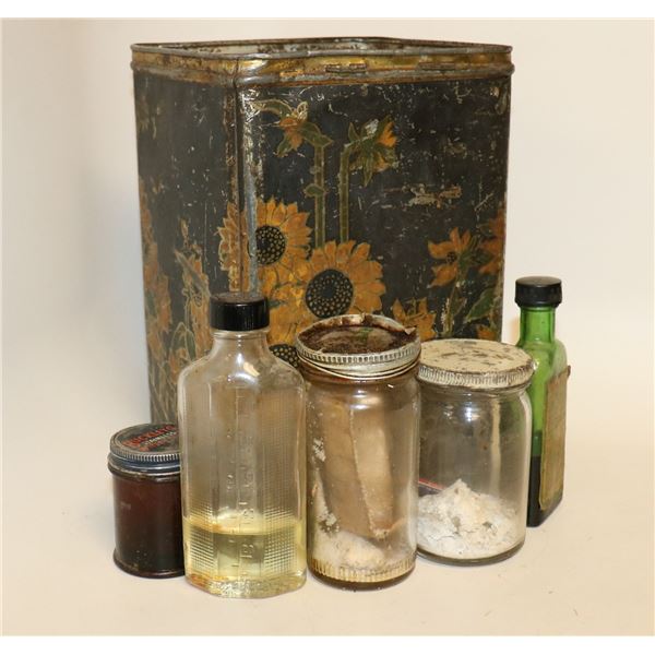 ANTIQUE TETLEY TEA TIN FULL OF MEDICINE BOTTLES