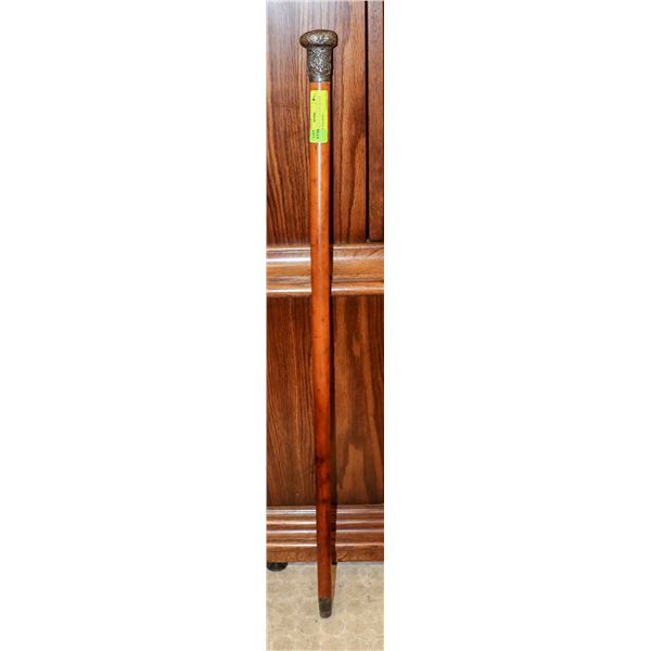 1800S ORNATELY TOOLED SILVER HANDLED WALKING