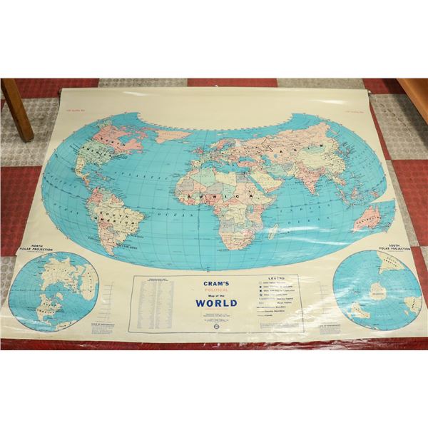 ANTIQUE SCHOOL MAP OF THE WORLD LARGE
