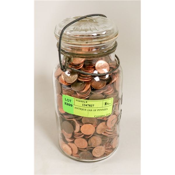 LARGE ANTIQUE JAR OF PENNIES