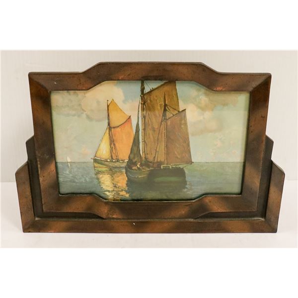 ANTIQUE BRASS PAINTED GLASS SHIP LAMP