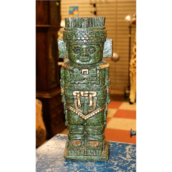 CARVED GREEN STONE MAYAN STYLE STATUE 12IN TALL