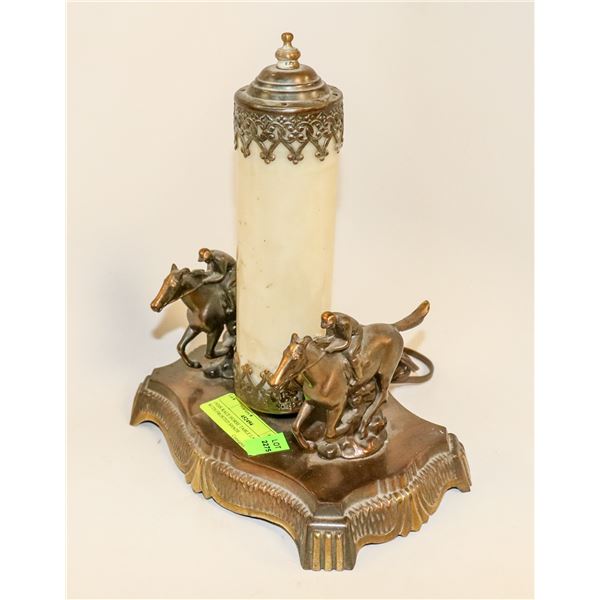 1920S RACE HORSE TABLE LAMP WITH FROSTED SHADE