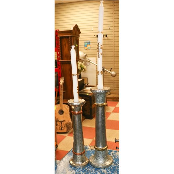 PAIR OF ANTIQUE CHURCH CANDLES METAL CLAD