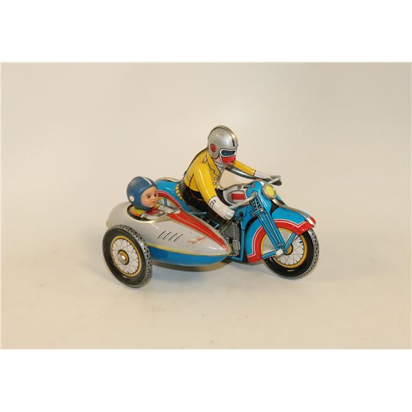 VINTAGE CLOCKWORK TIN MOTORCYCLE WITH SIDE CAR
