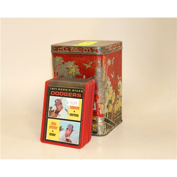 VINTAGE TEA TIN WITH $300 IN OLD BASEBALL CARDS