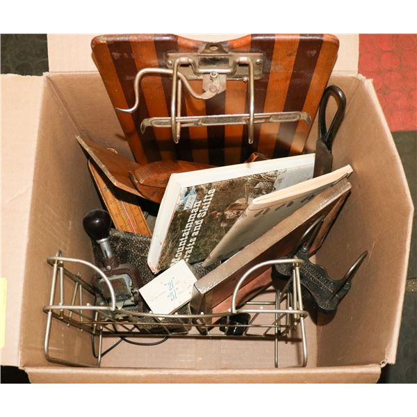 BOX OF ASSORTED VINTAGE OFFICE AND DESK SUPPLIES