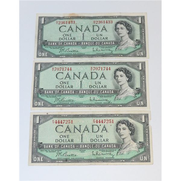 LOT OF THREE 1954 CANADIAN $1 BILLS