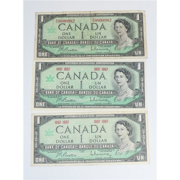 LOT OF THREE 1967 CANADIAN $1 BILLS