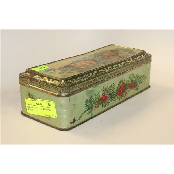 VINTAGE CANDY TIN WITH BULL DESIGN