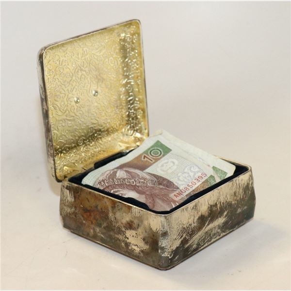 VINTAGE SILVER KEEPSAKE BOX WITH CURRENCY INSIDE