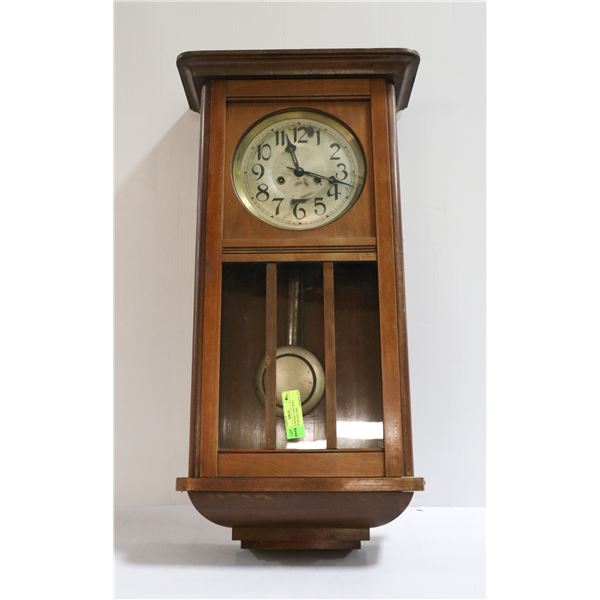 ANTIQUE WOOD CASED WALL CLOCK WITH KEY AND
