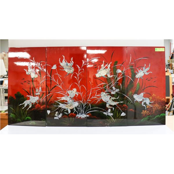 SET OF FOUR INLAID ENAMEL WOOD ASIAN PANELS