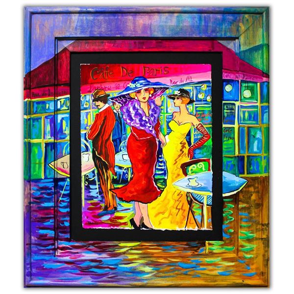 Patricia Govezensky- Original Watercolor with Hand Painted Frame "Café De Paris"
