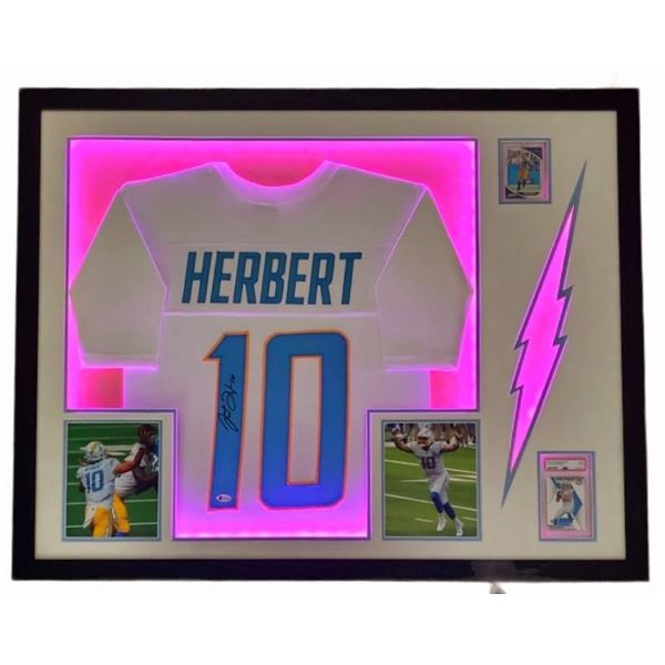 JUSTIN HERBERT SIGNED FRAMED JERSEY W/LED LIGHTING & GRADED PSA 10 CARD (BECKETT COA)