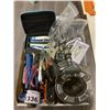 Image 1 : TRAY OF ASSORTED SET DEC PROP ITEMS, TOOLS, POINTERS/CLICKERS, & MORE