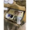 Image 2 : SHELF LOT OF ASSORTED GLASS BOTTLES, COVERALLS AND MORE