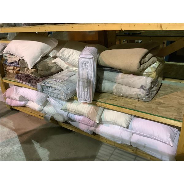 ASSORTED LINENS AND PILLOWS (2 SHELVES)