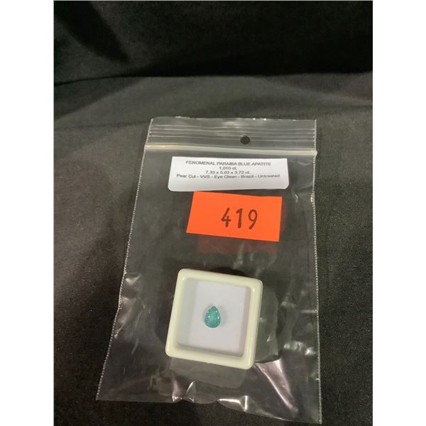 PARAIBA APATITE 1.01CT, 7.33 X 5.63 X 3.72MM, PEAR CUT, VVS EYE CLEAN CLARITY, BRAZIL, UNTREATED