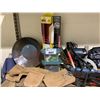 Image 2 : SHELF LOT OF ASSORTED TOOLS, JUMPER CABLES, TOOL BELT AND MORE