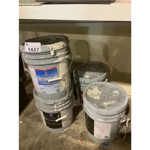 5 ASSORTED PALES OF ASSORTED PAINT AND PRIMER