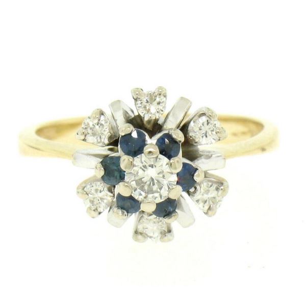 14k Yellow & White Gold 0.65 ctw Diamond Sapphire 3 Tiered Starburst Cluster Rin