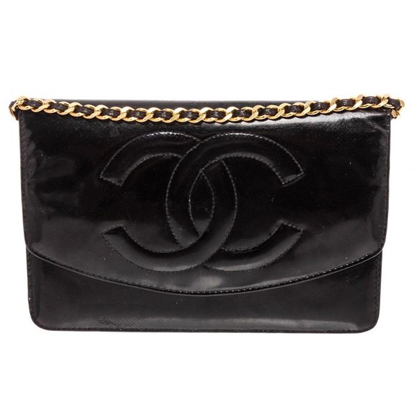 Chanel Vintage Black Patent Leather Timeless WOC Wallet On Chain Bag