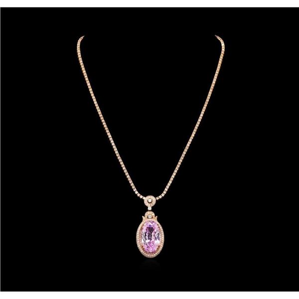 14KT Rose Gold 32.47 ctw GIA Certified Kunzite and Diamond Pendant With Chain