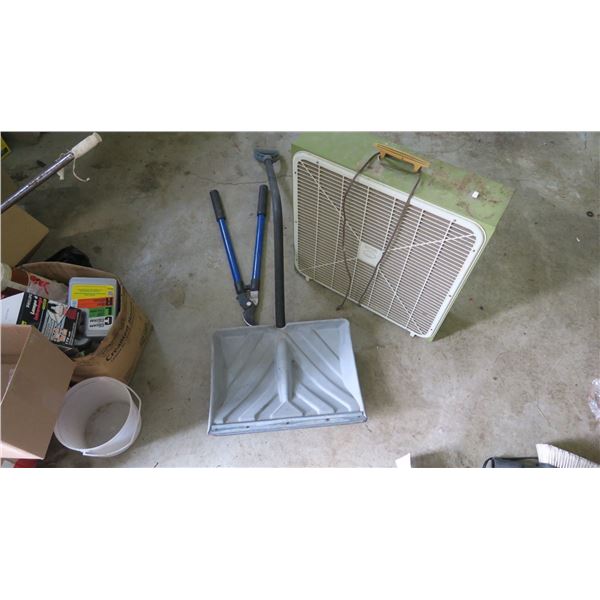 SNOW SHOVEL, BRANCH TRIMMER, BOX FAN