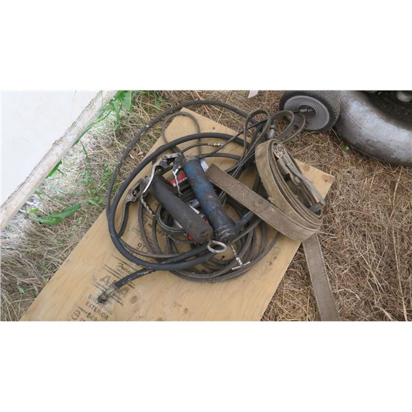 LOT OF BELTING, 2 GREASE GUNS, RATCHET STRAP