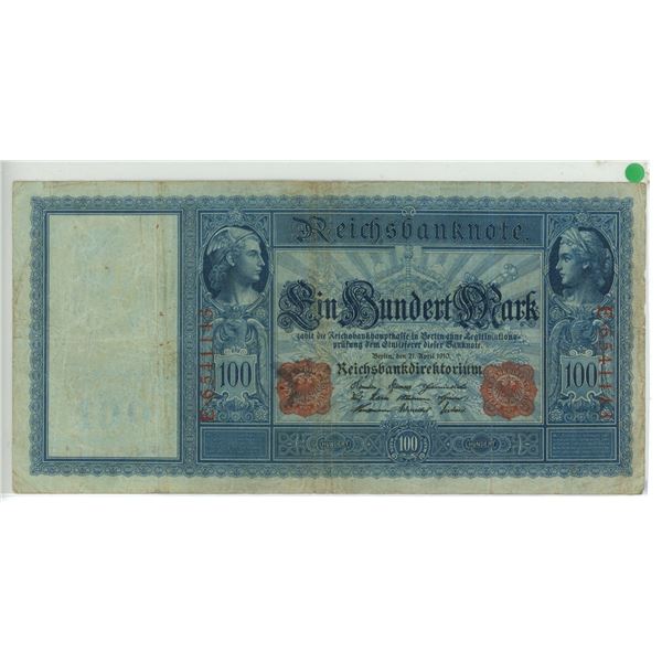 German Reich bank note 100 marks Apr 21, 1910 V.F. Condition