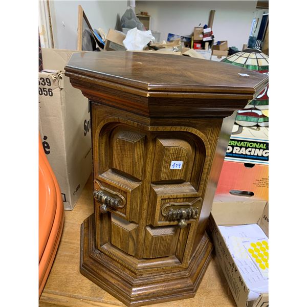 Oak barrel style end table/liquor cabinet