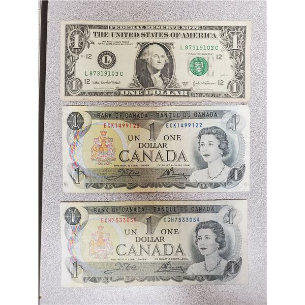 2 X 1973 CANADA ONE DOLLAR & 2003 US ONE DOLLAR BILLS